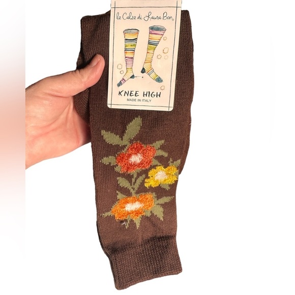 Italian  brown knee high socks with orange & yellow flowers. One size fits most. - Picture 2 of 5
